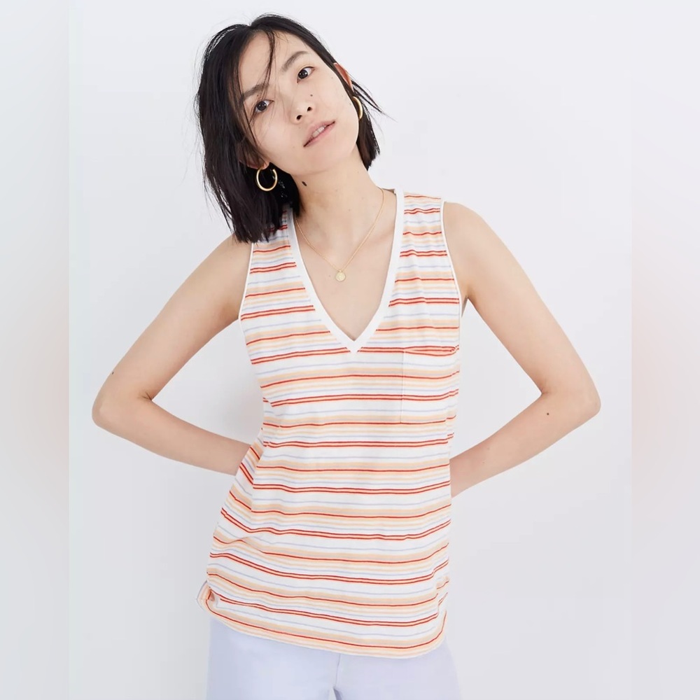 Madewell Whisper Cotton V-Neck Pocket Tank in Fieldgate Stripe (Size: Large)
